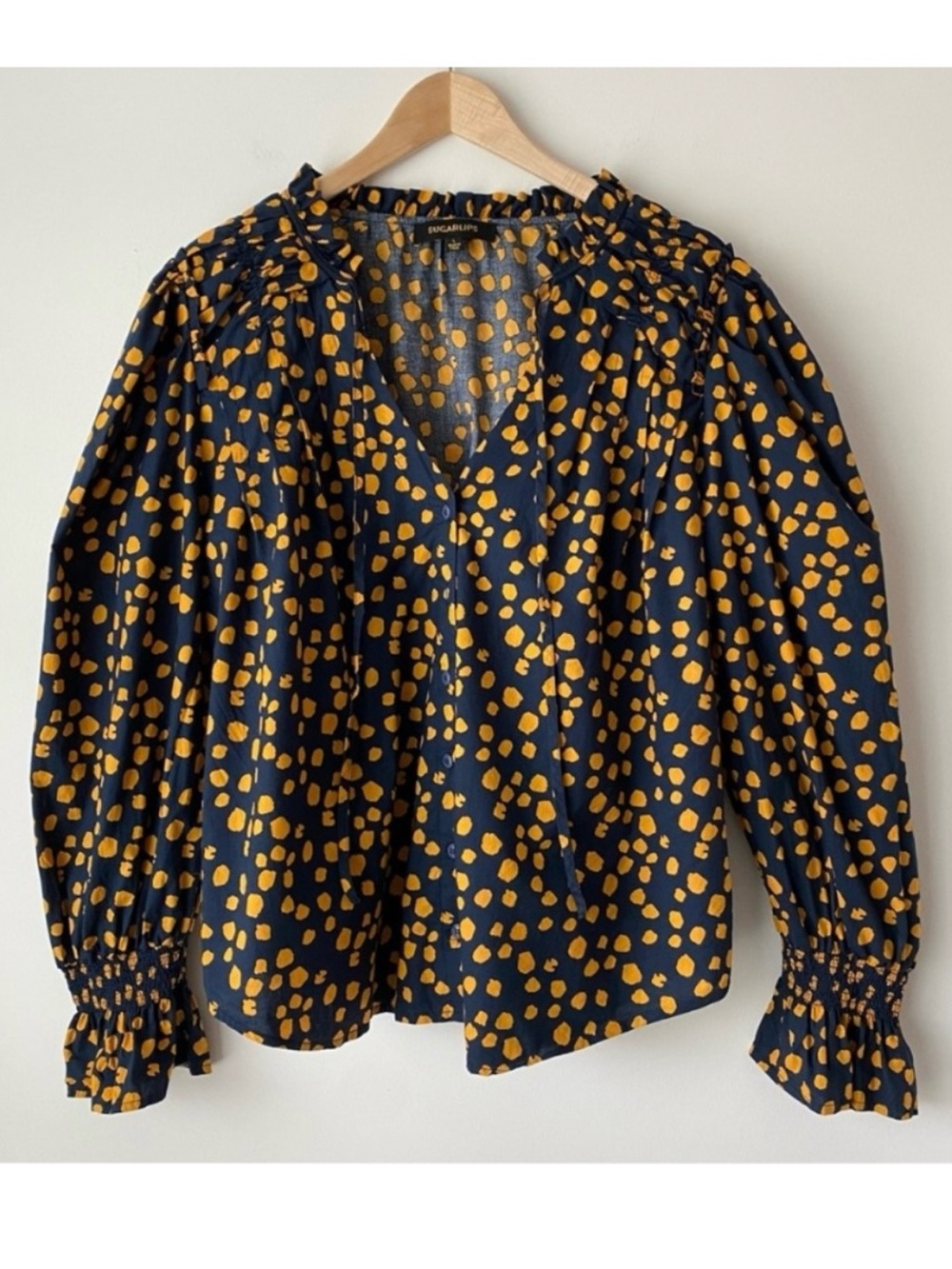 Sugarlips Navy & Yellow Abstract Polkadot Animal Print Billowy Blouse Top Size L